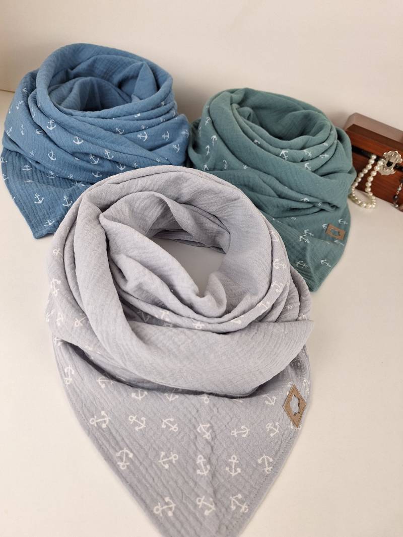 Baumwolle Musselin Halstuch Schal Damen Dreickstuch Einlagig in Xxl Blau, Grau & Grün Mit Ankermotiv Kopftuch von AtelierHoney