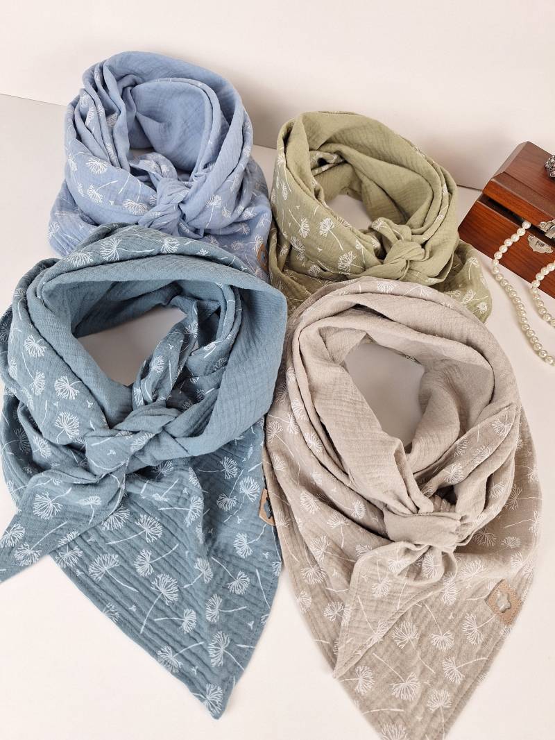Musselin Schal Damen Halstuch in Xxl Mit Blumenmuster Löwenzahn Pusteblume Den Farben Beige, Khaki, Blau & Hellblau von AtelierHoney