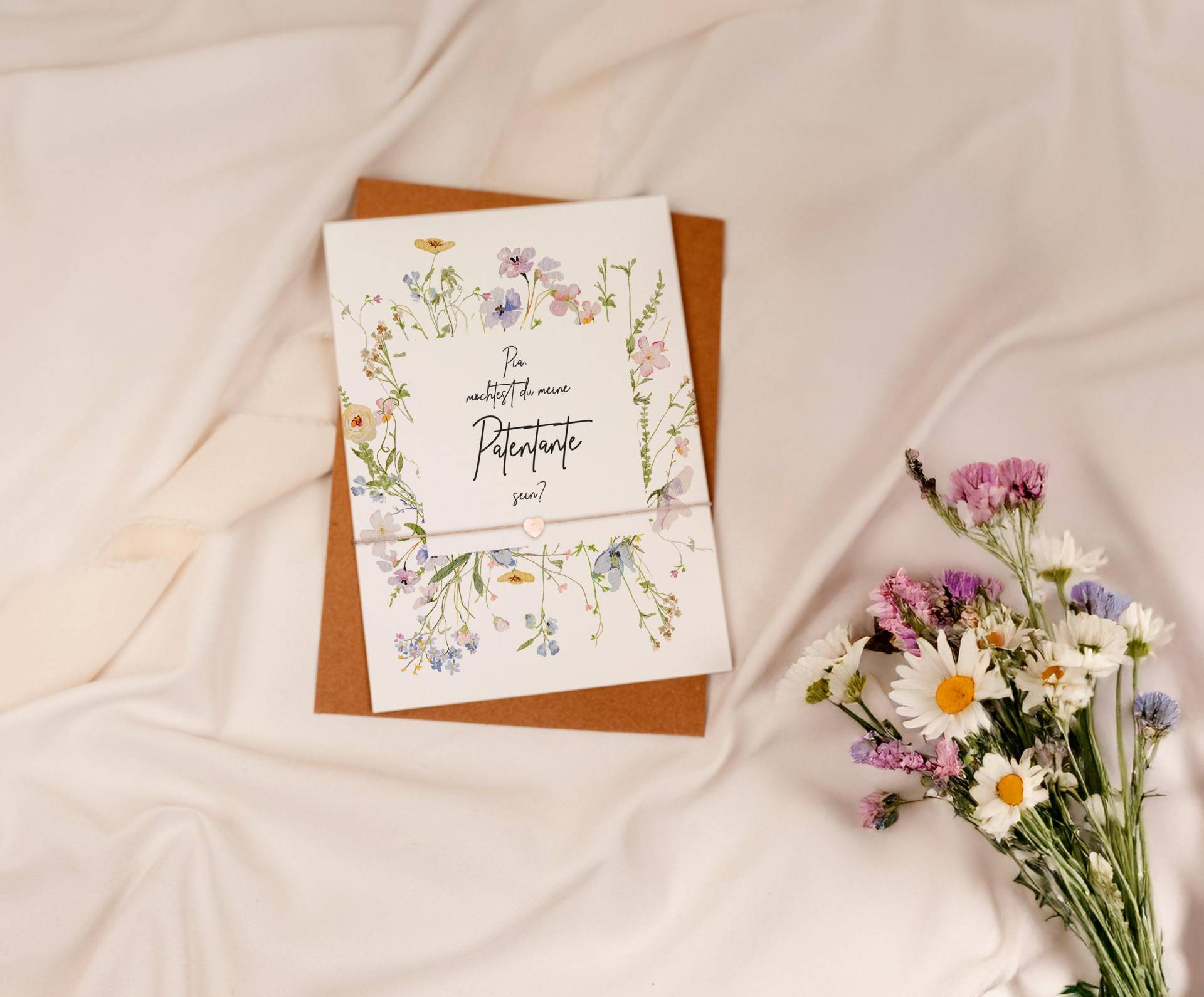 Patentante Fragen Armband Gravur Herz Karte Filigran Geschenkset Taufe Gold Rosegold Silber Freundin Postkarte Möchtest Du Meine Patin Sein von AtelierLanea