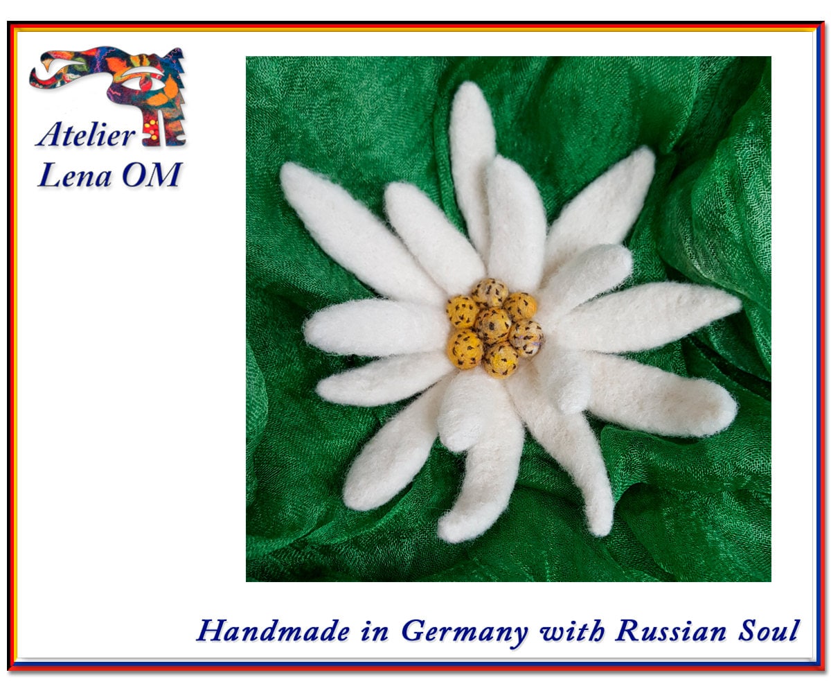 Kleinere Weiß Gelbe Handgemachte Brosche Edelweiß Blume, Textildekoration Aus Wolle, Accessoire, Geschenk Für Frau von AtelierLenaOM