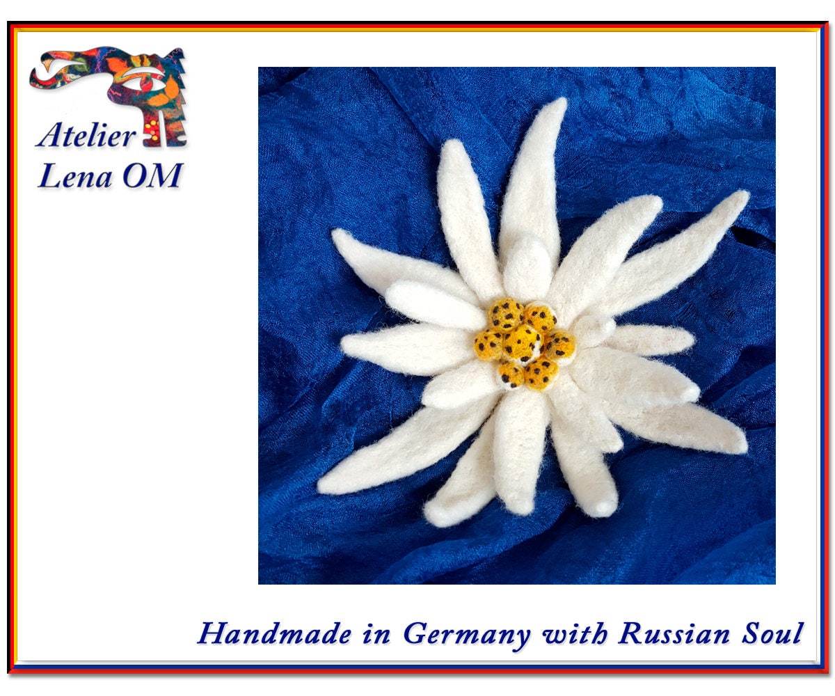 Weiß, Gelb, Handgemachte Brosche Edelweiß, Wolle Textile Dekoration, Zubehör, Geschenk Für Eine Frau, Handgefertigte Ornamentik von AtelierLenaOM