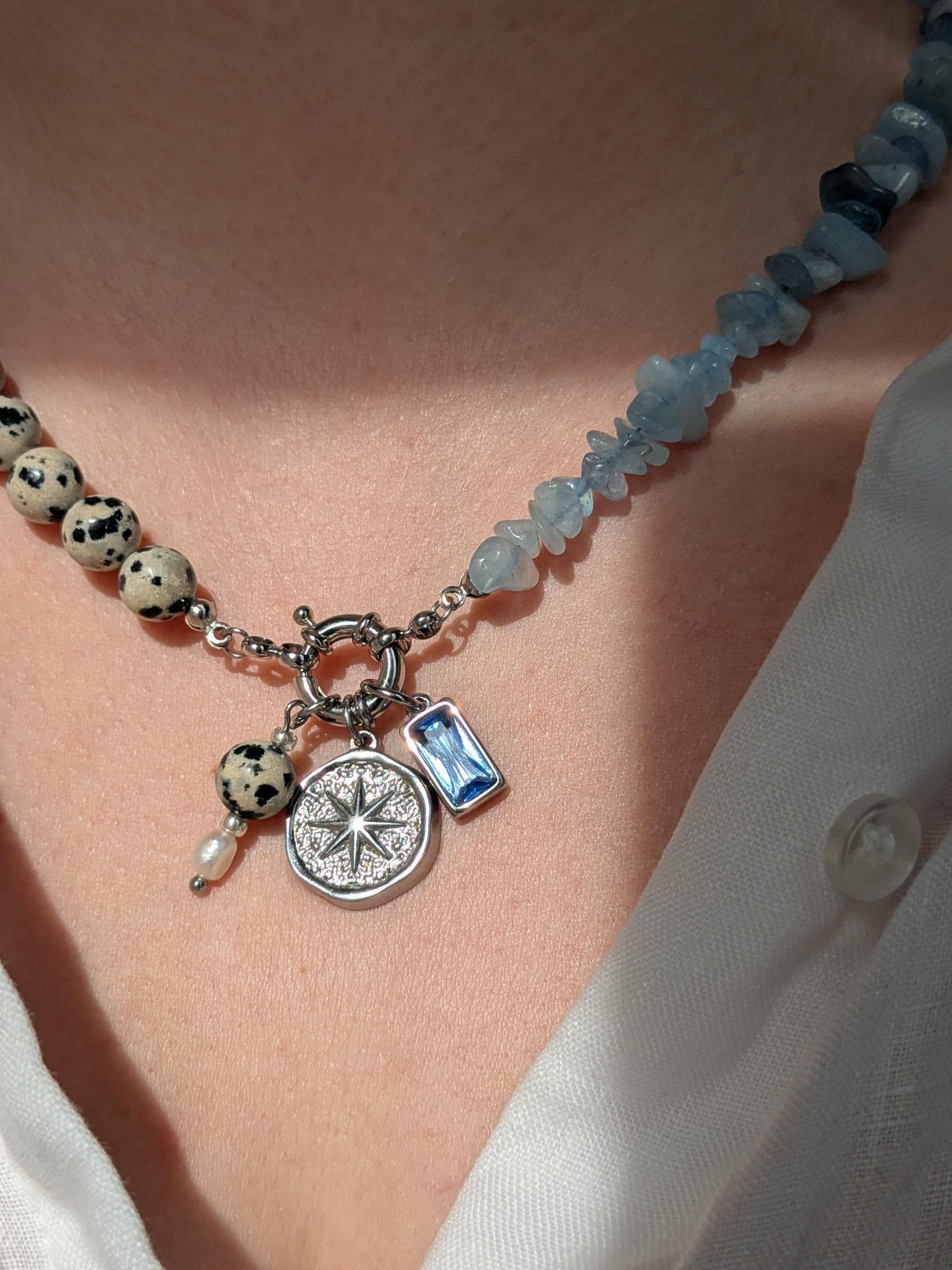 Nova - Blue Aquamarine & Dalmatian Polkadot Jasper Gemstone Necklace With Charms, Boho Necklace, Half & Beaded Jewelry von AtelierLuanle