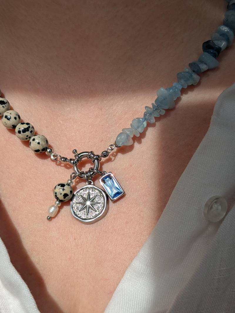 Nova - Blue Aquamarine & Dalmatian Polkadot Jasper Gemstone Necklace With Charms, Boho Necklace, Half & Beaded Jewelry von AtelierLuanle