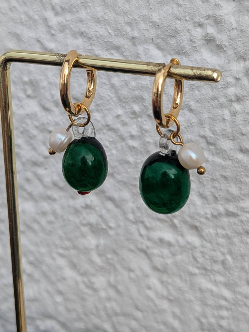 Olivia Earrings - Glass Olive & Freshwater Pearl Hoop Handmade Summer Jewelry Playful Mediterranean Style Gift For Her von AtelierLuanle