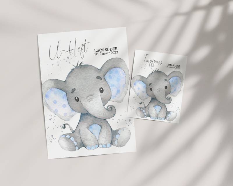 Set U-Heft Und Impfpass Hülle Liam Personalisiert, Motiv Blue Elephant, Elefant Blau von AtelierManuAcikgoez