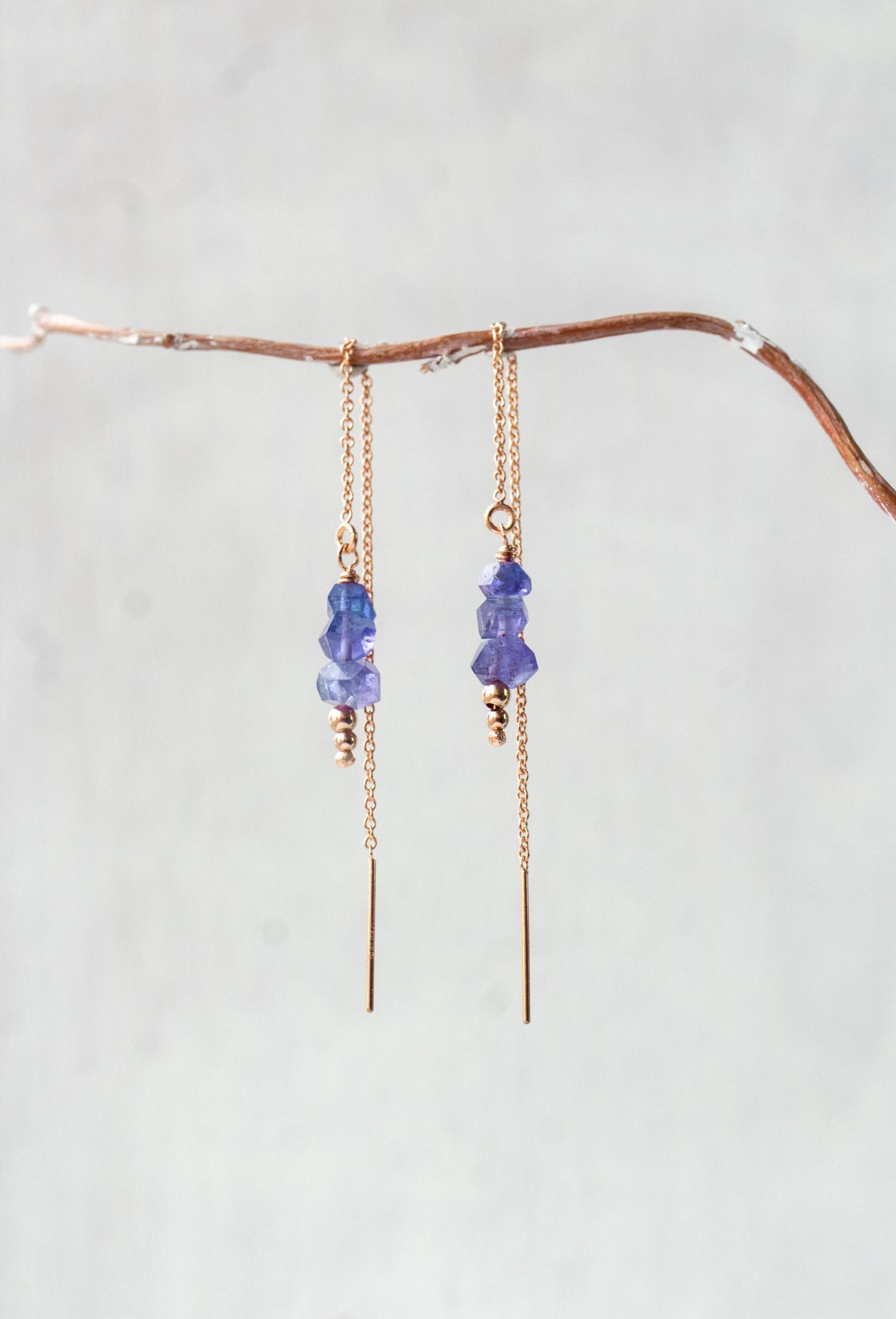 Tansanit Rosegold Threader Ohrringe, Ohrringe Silber, Gold Für Dezember Geburtsstein Geschenk, Schmuck Durchziehen von AtelierNymphea