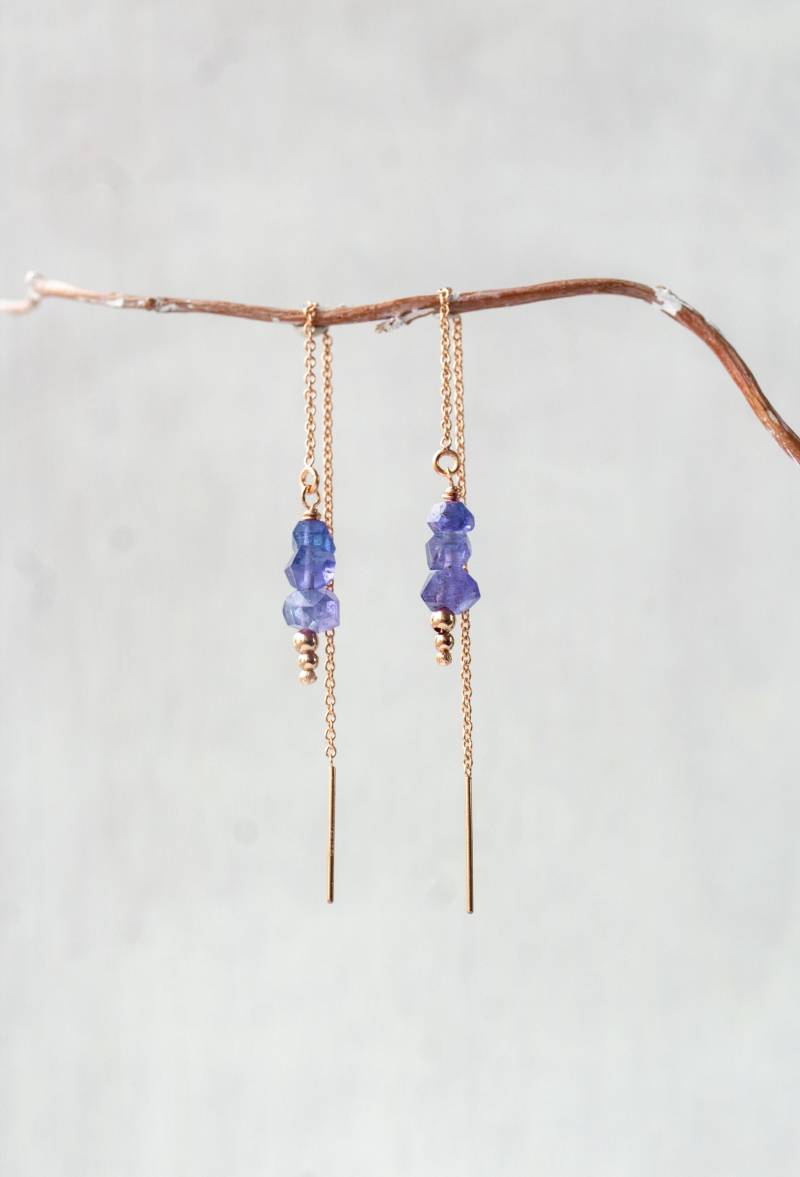 Tansanit Rosegold Threader Ohrringe, Ohrringe Silber, Gold Für Dezember Geburtsstein Geschenk, Schmuck Durchziehen von AtelierNymphea