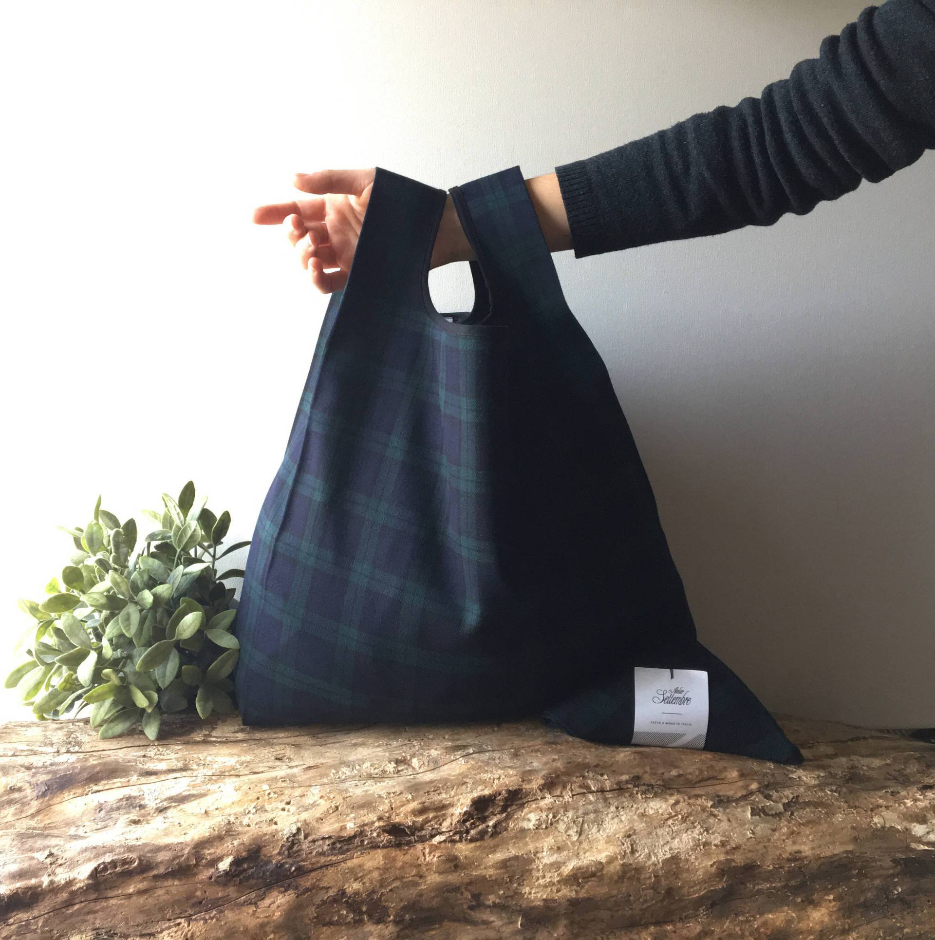 Tartan Tasche in Blau Und Dunkelgrün/Elegante Für Mann Frau Faltbar Wiederverwendbar Geschenk Papa Freund von AtelierSettembre