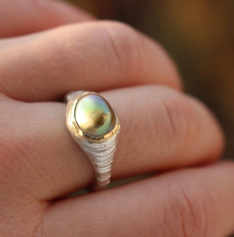 Barock Perlenring in Silber Und Gold, Natürliche Süßwasserperle, Perfct Verlobungsring von AtelierTiuh