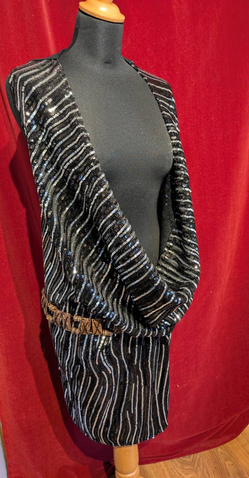 Waterfall Long Top Neckholder Rückenfrei Tiefer Ausschnitt Glitzer Silber Schwarz Minikleid Stretch Pailletten Samt Gr. Xl Handmade von AtelierZiniwini