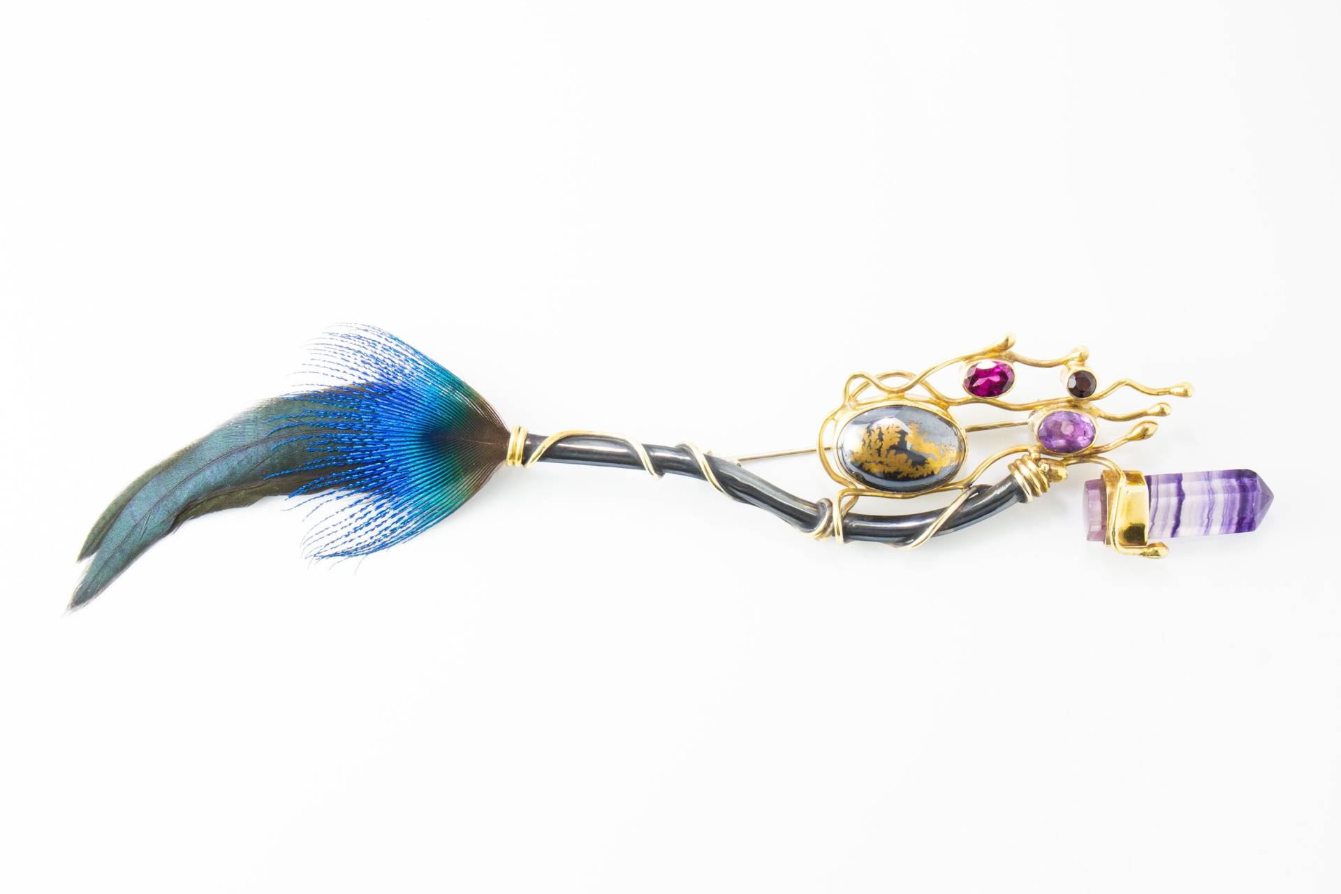 Brosche 925 Sterling Silber 18K Gold Anstecker Modernist Pfau Feder Amethyst Brosche 925 Sterling Silber 18K Gold Anstecker Modernist Pfau Feder Amethyst von AtelierZurLinde