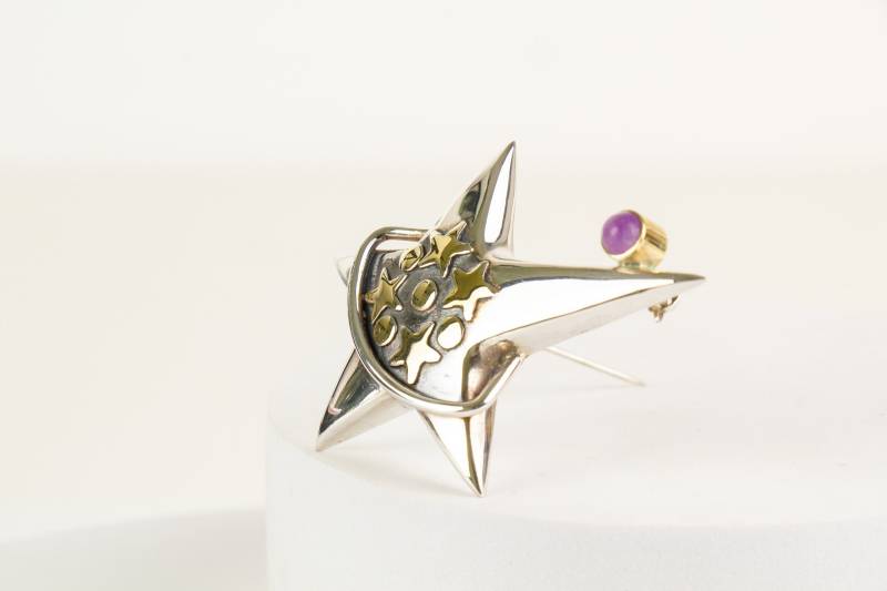 Brosche Sterling Silber Vergoldet Amethyst Stern von AtelierZurLinde
