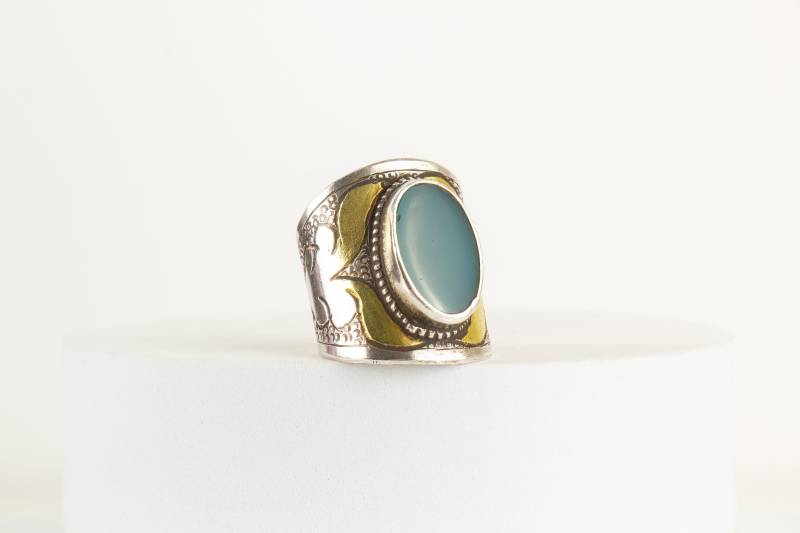 Ring Turkmenisch Silber Vergoldet Grüner Onyx Edelstein von AtelierZurLinde