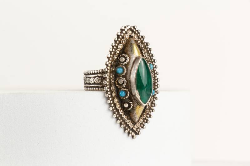 Ring Turkmenisch Silber Vergoldet Grüner Onyx Türkis von AtelierZurLinde