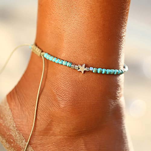 Atentuyi Boho Blau Perlen Fußkettchen Strand Stern Fußkettchen Armbänder Barfuß Strand Fußkettchen Handmade Perle Seil Kette Fuß Barfuß Strand Fußkettchen Schmuck Für Frauen Und Mädchen von Atentuyi