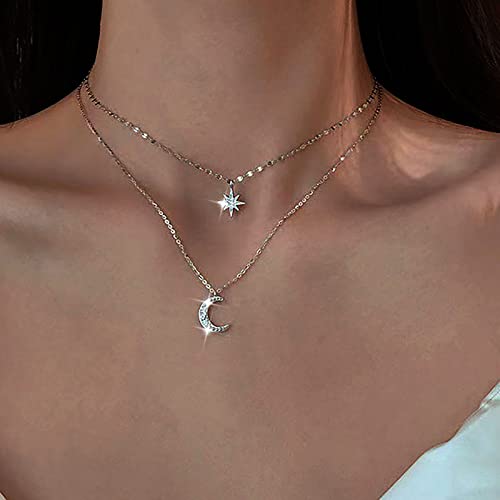 Atentuyi Boho Geschichtet Cz Mond Stern Choker Halsketten Silber Nordstern Halskette Mond Anhänger Halskette Cz Starburst Halskette Strass Mond Halskette Schmuck Für Frauen Und Jugendliche Mädchen von Atentuyi