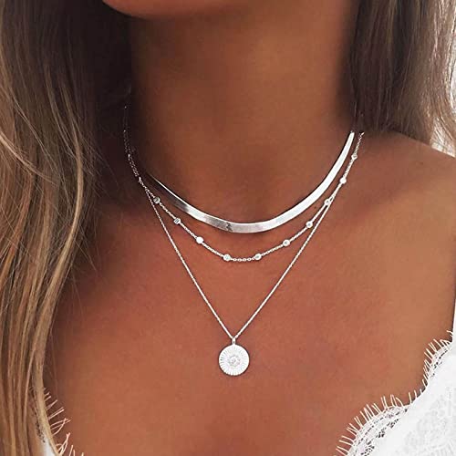 Atentuyi Boho Geschichtet Halskette Silber Anhänger Münze Halskette Cuban Link Kette Satellit Choker Flach Kandare Kette Perlen Station Halskette Für Frauen Und Mädchen Alltag Schmuck von Atentuyi