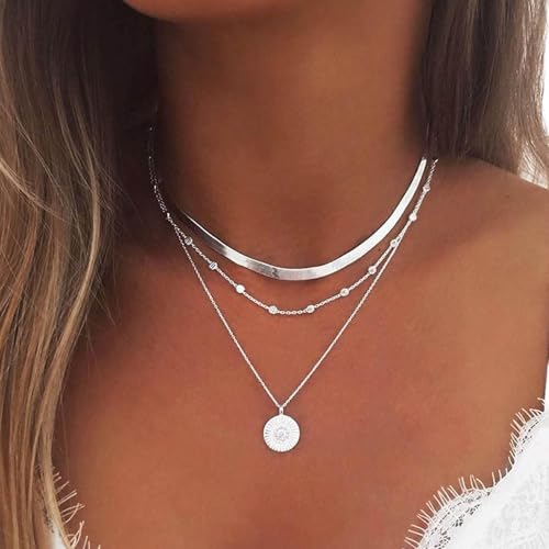 Atentuyi Boho Geschichtet Halskette Silber Anhänger Münze Halskette Cuban Link Kette Satellit Choker Flach Kandare Kette Perlen Station Halskette Für Frauen Und Mädchen Alltag Schmuck von Atentuyi