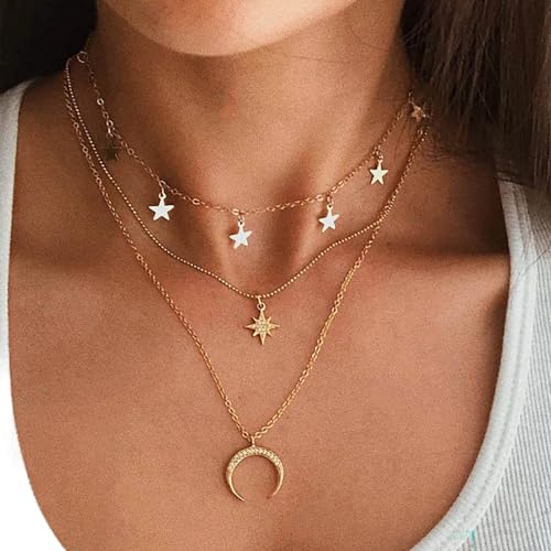 Atentuyi Boho Geschichtet Stern Choker Halskette Gold Anhänger Mond Halskette Cz Nordstern Halskette Schmuck Für Frauen Und Mädchen Mehrschichtige Halskette von Atentuyi