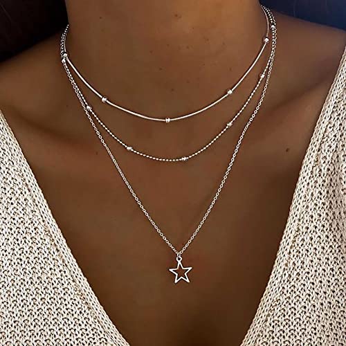 Atentuyi Boho Geschichtet Stern Choker Halskette Silber Stern Anhänger Halskette Hohl Stern Halskette Satellit Kette Schichtung Perle Halskette Schmuck Für Frauen Und Mädchen von Atentuyi