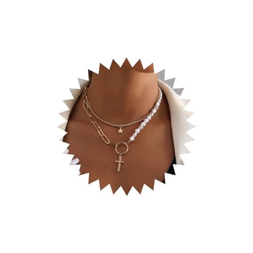 Atentuyi Boho Geschichtetes Kreuz Anhänger Halskette Gold Büroklammer Perle Choker Chunky Link Kette Halskette Barock Perle Stern Kette Religiöse Halskette Schmuck Für Frauen Und Mädchen von Atentuyi