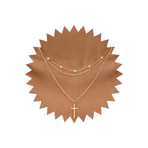 Atentuyi Boho Geschichtetes Kreuz Anhänger Halskette Gold Perle Choker Perlenkette Halskette Kleines Kreuz Halskette Kruzifix Religiöse Halskette Schmuck Für Frauen Und Mädchen von Atentuyi