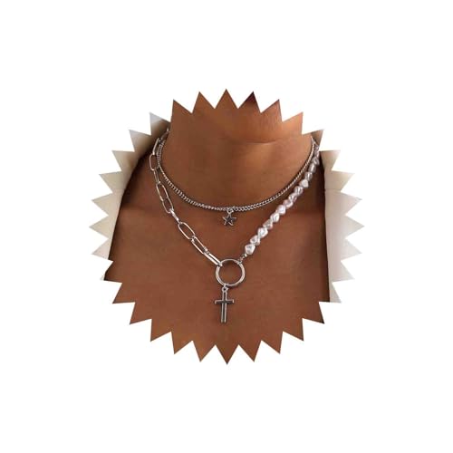 Atentuyi Boho Geschichtetes Kreuz Anhänger Halskette Silber Büroklammer Perle Choker Chunky Link Kette Halskette Barock Perle Stern Kette Religiöse Halskette Schmuck Für Frauen Und Mädchen von Atentuyi