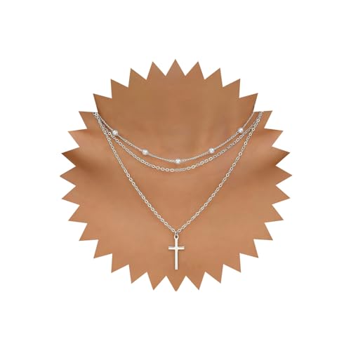 Atentuyi Boho Geschichtetes Kreuz Anhänger Halskette Silber Perle Choker Perlenkette Halskette Kleines Kreuz Halskette Kruzifix Religiöse Halskette Schmuck Für Frauen Und Mädchen von Atentuyi