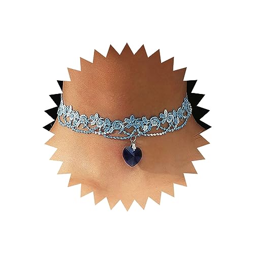 Atentuyi Boho Hochzeit Blume Spitze Choker Halskette Silber Kleine Kristall Herz Anhänger Halskette Blau Rose Choker Vintage Floral Choker Kragen Kurz Schlüsselbein Halskette Schmuck Für Frauen Teen von Atentuyi