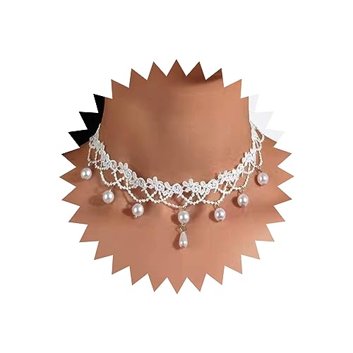 Atentuyi Boho Hochzeit Blume Weiß Spitze Choker Halskette Silber Perle Quaste Perle Anhänger Halskette Vintage Rose Floral Choker Kragen Schlüsselbein Kurze Halskette Schmuck Für Frauen Teen von Atentuyi