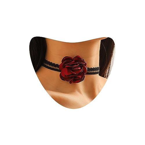 Atentuyi Boho Hochzeit Gothic Blume Schwarz Spitze Choker Halskette Silber Rot Rose Choker Vintage Floral Choker Kragen Kurz Clavicle Halskette Schmuck Für Frauen Teen von Atentuyi