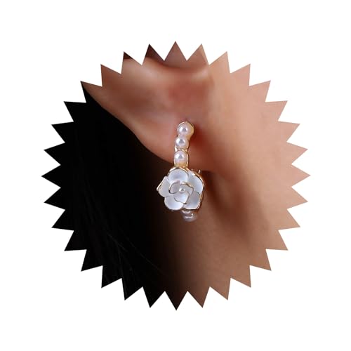 Atentuyi Boho Hochzeit Kleine Perlenohrringe Gold Emaille Weiße Blume Ohrringe Rose Blume Huggie Ohrringe Winzige Kamelie Ohrringe Vintage Perlenohrringe Schmuck Für Frauen Und Mädchen von Atentuyi