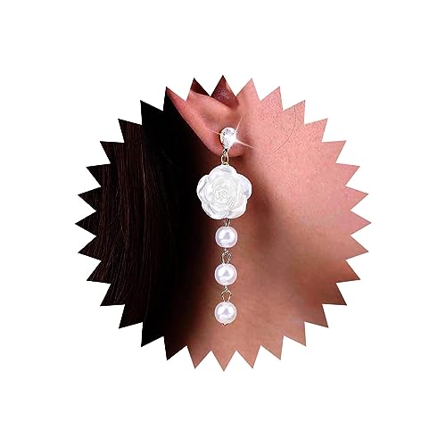 Atentuyi Boho Hochzeit Perle Baumeln Tropfen Ohrringe Gold Kristall Weiße Rose Blume Acryl Floral Lange Quaste Perle Kette Für Frauen Mädchen Bräute Brautjungfern Schmuck von Atentuyi