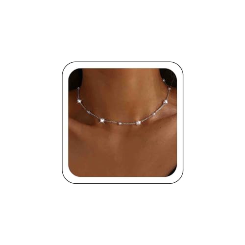 Atentuyi Boho Hochzeit Perlen Station Halskette Silber Perlen Kette Choker Einfache Kette Minimalistische Halskette Kurze Kette Zierliche Kette Zarte Halskette Schmuck Für Frauen Und Mädchen von Atentuyi