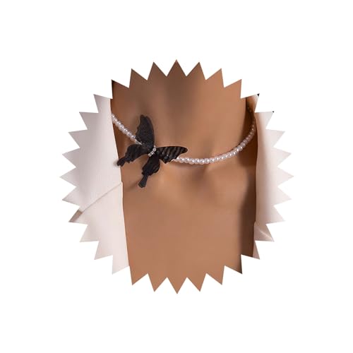 Atentuyi Boho Kleine Perlenkette Choker Gold Weiße Perlen Perlenkette Spitze Schwarzer Schmetterling Choker Kurzes Halsband Schlüsselbein Halskette Schmuck Für Frauen Männer Und Mädchen von Atentuyi
