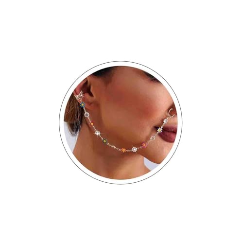 Atentuyi Boho Nasenring Kette Zum Ohr Gold Baumeln Nase Hoop Punk Septum Kristall Nase Kein Piercing Cz Tropfen Quaste Regenbogen Blume Manschette Ohrringe Indischen Nasenloch Für Frauen Und Mädchen von Atentuyi