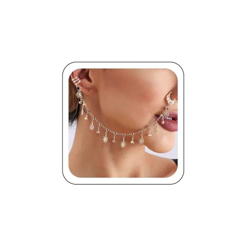 Atentuyi Boho Nasenring Kette Zum Ohr Gold Filigran Blume Baumeln Nase Hoop Punk Septum Schwarz Kristall Nase Kein Piercing Onyx Cz Tropfen Quaste Manschette Ohrringe Nasenloch Für Frauen Und Mädchen von Atentuyi
