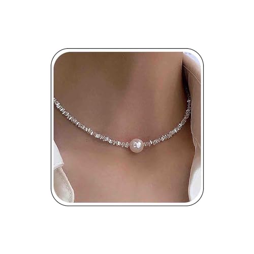 Atentuyi Boho Perle Anhänger Halskette Silber Einfache Kette Minimalistische Halskette Perle Kurze Halskette Funkelnde Zierliche Kette Zarte Halskette Schmuck Für Frauen Und Mädchen von Atentuyi