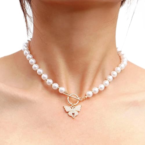 Atentuyi Boho Perle Halskette Gold Schmetterling Choker Halskette Toggle Verschluss Halskette Kette Hochzeit Perlenstrang Halsketten Schmuck Für Frauen Und Mädchen von Atentuyi