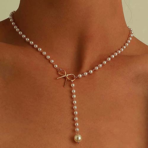 Atentuyi Boho Perlenkette Perle Y Lariat Halskette Winzige Perle Chokerhalskette Perlenanhänger Halsketten Goldschleife Halskette Schmuck für Frauen Mädchen und Bräute Hochzeit von Atentuyi