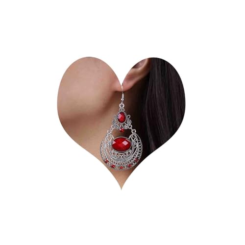 Atentuyi Boho Rot Kristall Tropfen Ohrringe Silber Rubin Haken Ohrringe Große Zigeuner Filigrane Ohrringe Indischen Stammes-Vintage-Ohrringe Retro Oval Edelstein Ohrringe Große Aussage Ohrringe von Atentuyi