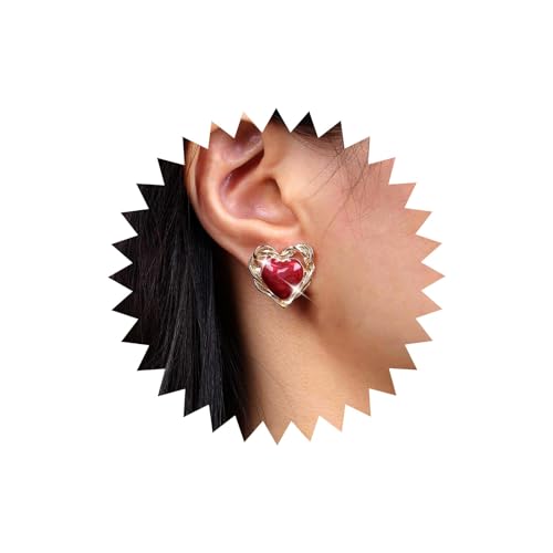 Atentuyi Boho Rubinrot Herz Ohrstecker Gold Rot Emaille Herz Ohrringe Vintage Rot Gem Doppel Herz Ohrring Metall Hohl Herzförmig Verdreht Ohrringe Schmuck Für Frauen Und Mädchen von Atentuyi