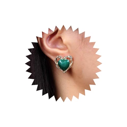 Atentuyi Boho Smaragdgrüne Herz Ohrstecker Gold Grün Emaille Herz Ohrringe Vintage Grüner Edelstein Doppelherz Ohrring Metall Hohl Herz Geformt Verdreht Ohrringe Schmuck Für Frauen Und Mädchen von Atentuyi