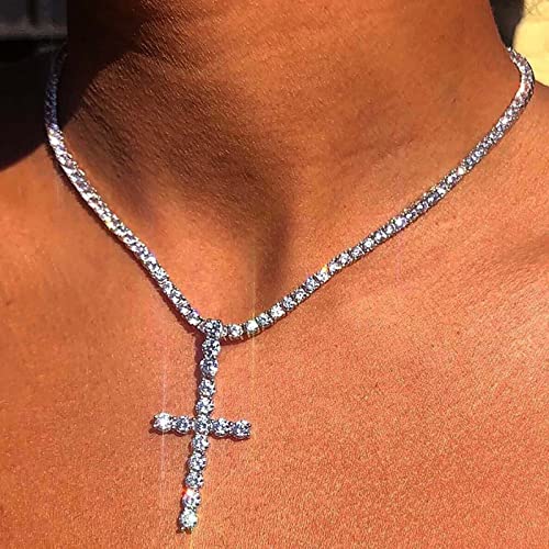 Atentuyi Cz Kreuz Anhänger Halskette Tennis Kette Halskette Zirkonia Tennis Halskette Silber Kristall Choker Halskette Religiöse Kreuz Halskette Schmuck für Frauen und Mädchen von Atentuyi