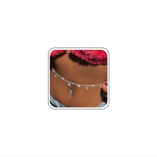 Atentuyi Cz Schmetterling Taille Kette Silber Kristall Bauch Kette Nachtclub Strass Körper Kette Sommer Strand Sexy Gurtzeug Bikini Boho Anhänger Quaste Taille Schmuck Zubehör Für Frauen Und Mädchen von Atentuyi