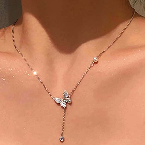 Atentuyi Cz Y Lariat Halskette Schmetterling Anhänger Halskette Perle Choker Halskette Silber Kristall Schmetterling Halskette Schmuck für Frauen und Mädchen von Atentuyi