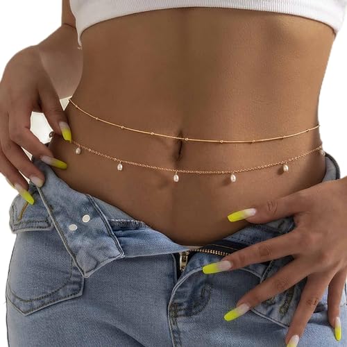 Atentuyi Geschichtet Perle Taille Kette Gold Perle Bauch Kette Perlen Körper Kette Sexy Geschirr Bikini Kette Sommer Strand Boho Quaste Taille Schmuck Zubehör Für Frauen Und Mädchen (2pcs) von Atentuyi