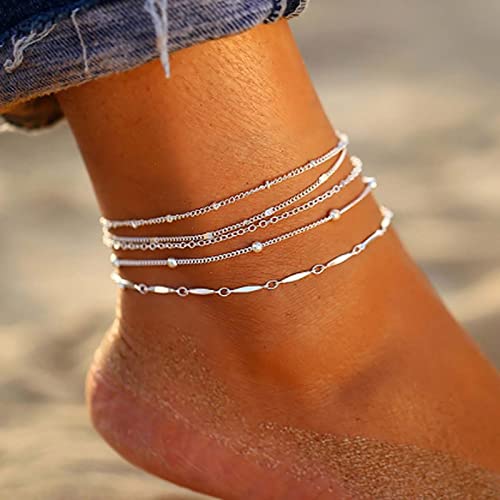 Atentuyi Geschichtetes Zierliches Silber Fußkettchen Set Perlen Fußkettchen Armbänder Gestapelt Fußkette Fußkettchen Barfuß Strand Fußkettchen Schmuck Für Frauen Und Mädchen 5 Stück von Atentuyi