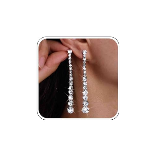 Atentuyi Lange Kette Strass Ohrringe Silber - Kronleuchter Glänzende Quaste Kristall Baumeln Hochzeit Linear Cz Tropfen Bräute Schmuck für Frauen Mädchen von Atentuyi