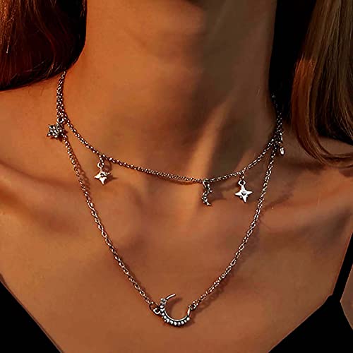 Atentuyi Layered Star Choker Halskette Silber Crescent Moon Anhänger Halskette Böhmische Quaste Stern Halskette Cz Northstar Halskette Schmuck für Frauen und Mädchen von Atentuyi